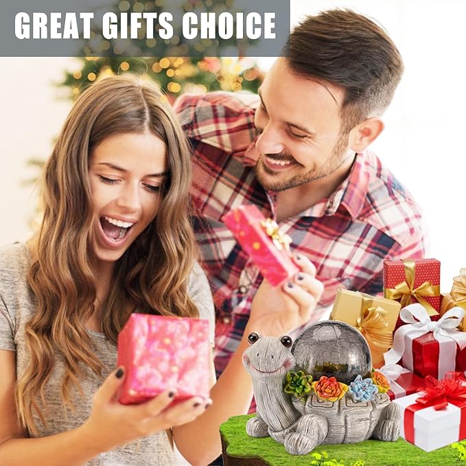 Solar Turtle Garden Statue Lights for Outdoor Decor with Cracked Glass LED Figurine Lighting Resin Succulent Tortoise Decorations Patio Lawn Yard Housewarming Mom Gifts (Grey, Large)