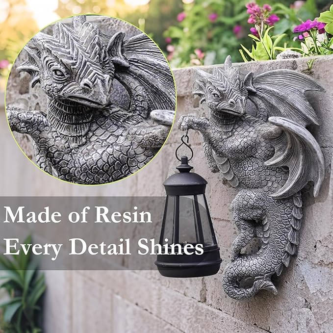Dragon Statue Solar Lantern for Garden Décor, Dragons Figurine Night Light, 10”Outdoor Decorative Lamp, Mountable on Trees/Walls/Fences. Birthday/Housewarming Gifts for Dragon Fans