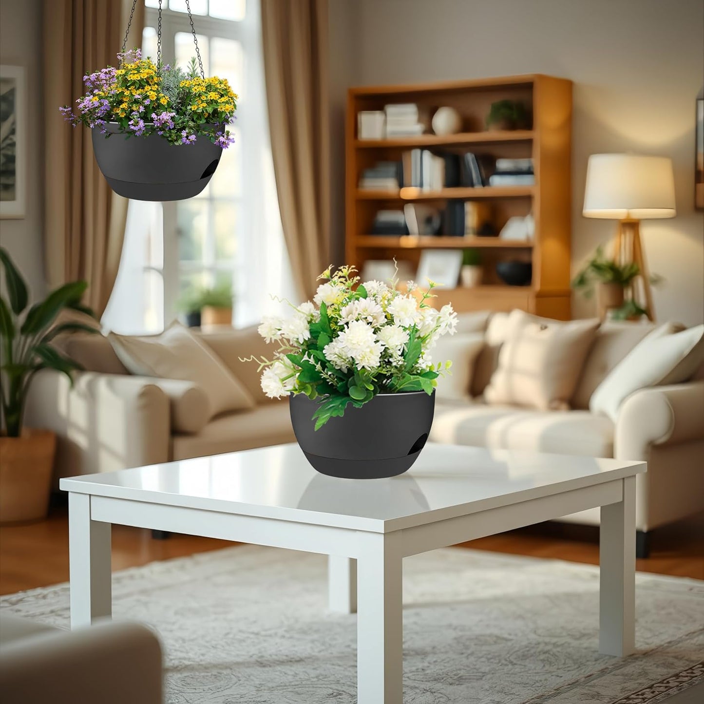 2 Pack 12 Inch Large Hanging Planters with Chains Self Watering Black Plastic Hanging Pots for Indoor Outdoor Plants, Garden Porch Home Decor，Black