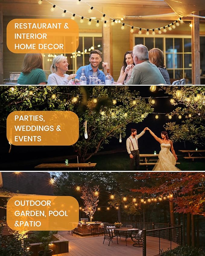 Torkase 50FT Solar Patio Lights Outdoor 15+1 Shatterproof LED Bulbs USB Rechargeable Waterproof Remote Control for Garden Porch Deck Camping