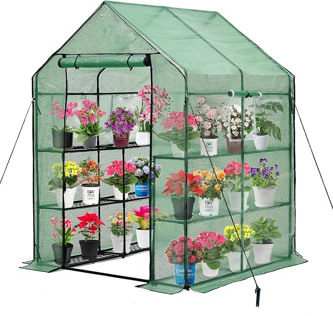 Walk-in Greenhouse for Outdoors, Thickened PE Cover & Heavy Duty Powder-Coated Steel, Mesh Door & Screen Windows, 14 Sturdy Shelves 4.7x4.7x6.4 FT, (GHW002G)
