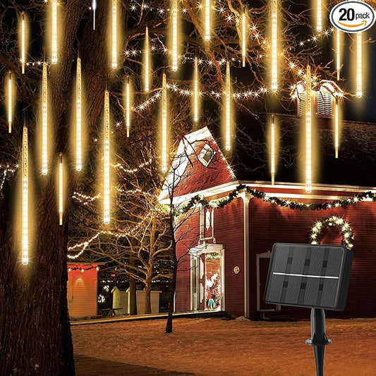 Solar Meteor Shower Lights 20 Tubes 16 Inch 720 LED Solar Christmas Lights Outdoor Waterproof, Snow Cascading String Lights for Outside Christmas Halloween House Tree Decoration, Warm White