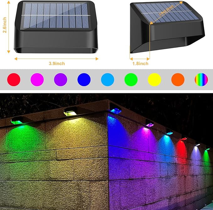 Brighter Solar Fence Lights 18 Pack, RGB 8 Colors, Dusk to Dawn Deck Light, Fence Solar Lights Outdoor IP65 Waterproof, Solar Outdoor Lights for Backyard/Railing/Wall/Step/Patio