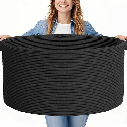 125L Extra Large Blanket Basket, 25" x 16", Jumbo Laundry Woven Baskets Decorative Home, Cotton Rope Basket with Handles, Baby Toy Baskets for Storage, Black