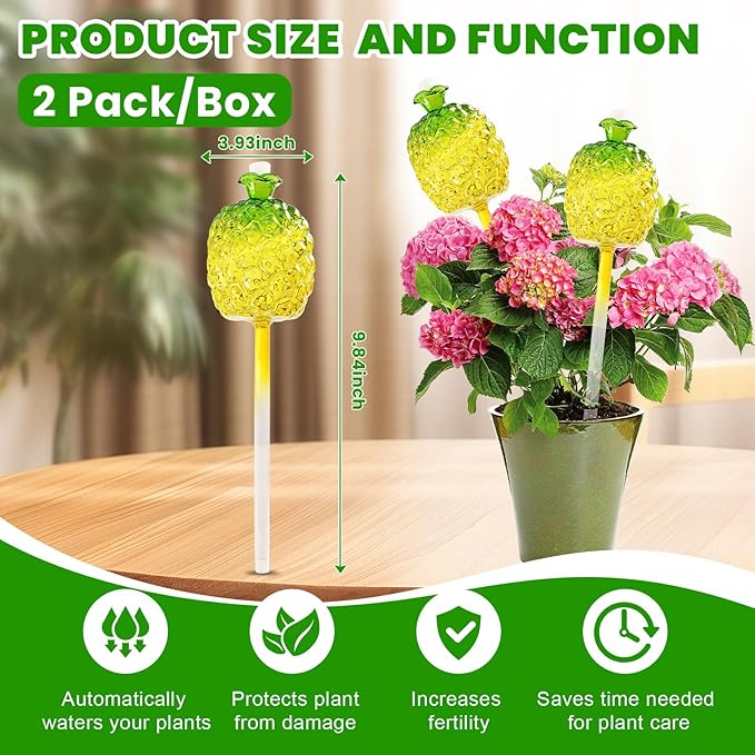 HYH Plant Watering Globes 2 Pack Self Watering Planter Spikes Insert for Indoor & Outdoor Pineapple Large Capacity Watering Device Plant Watering Bulbs Made from Hand-Blown Glass Plant Lover Gifts