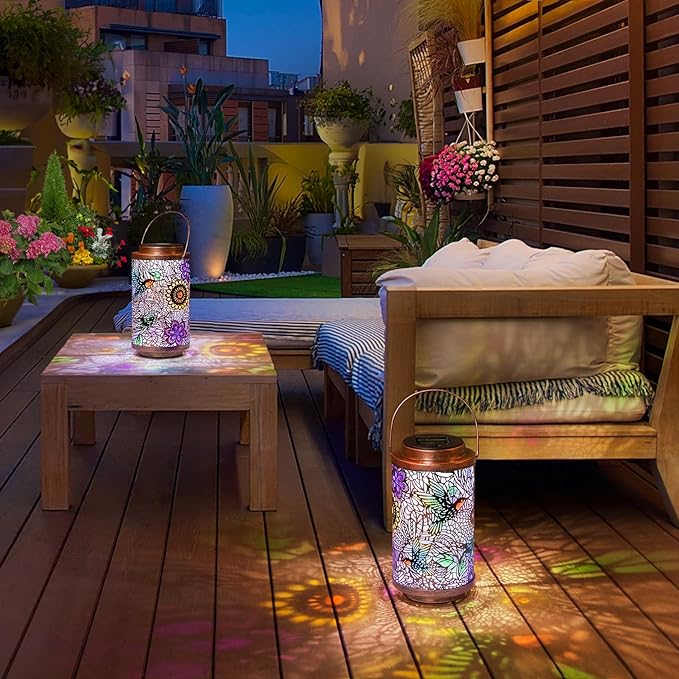 2Pack Solar Lanterns Outdoor Waterproof Hummingbird Gardening Gifts for Women, Multicolor Solar Lights Patio Lantern for Backyard Garden Decor, Porch, Outside, Mothers' Day Gifts for Mom Grandma