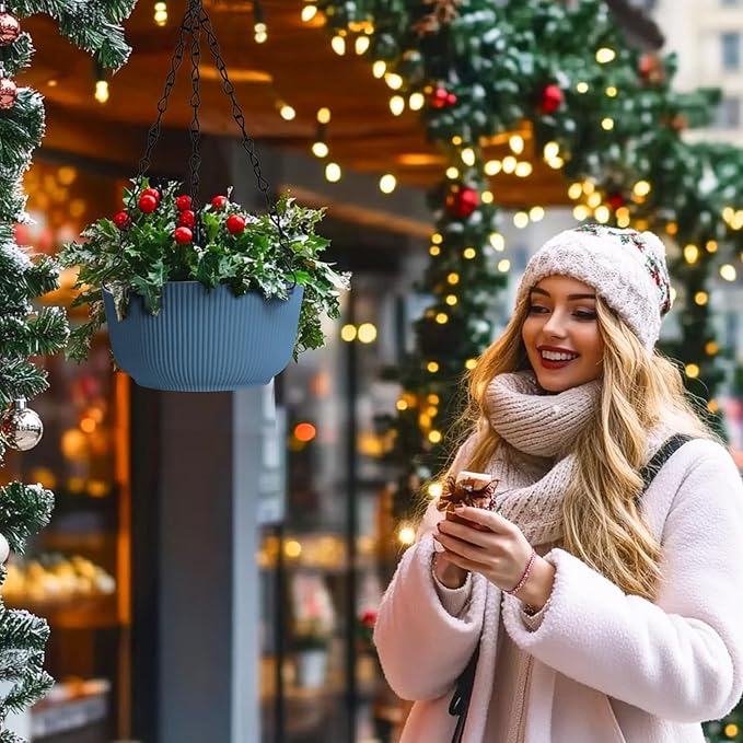 T4U 8 Inch Hanging Planters for Indoor Outdoor Plants, Self Watering Hanging Pot Pack of 2, Hanging Pots with Drainage Hole & Plug & Chain with 3 Hooks for Garden Home Decor, Blue