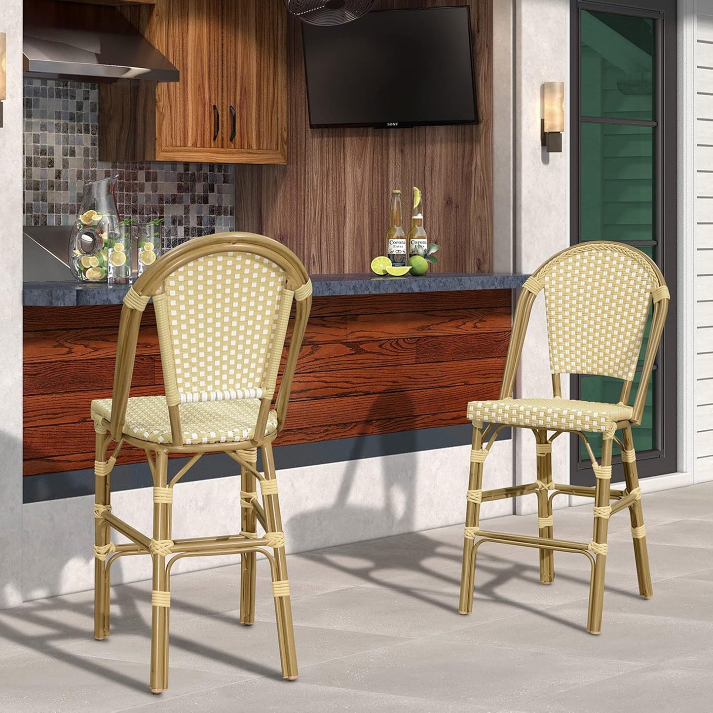 PURPLE LEAF French Bar Stool Set of 2 Bamboo Print Finish Patio Bar Stools with Back Rattan Bar Chairs Wicker Bar Height Stool 30" with Footrest Kitchen Island Stools Outdoor Barstool Cream Yellow