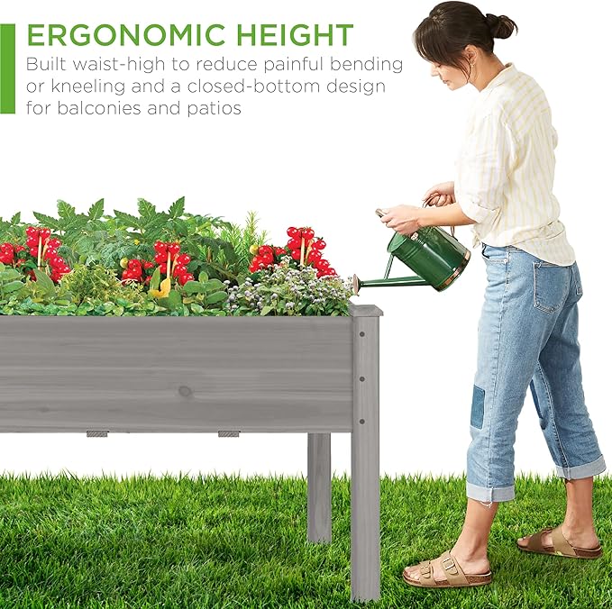 Best Choice Products 34x18x30in Raised Garden Bed, Elevated Wood Planter Box Stand for Kids, Backyard, Patio, Balcony w/Bed Liner, 150lb Capacity - Gray