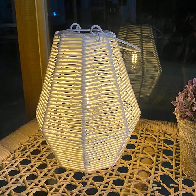Outdoor Solar Lantern Hanging Decorative Rattan Lanterns with Handle White Large Solar Table Lamp Waterproof for Patio Garden Wedding Home Decor