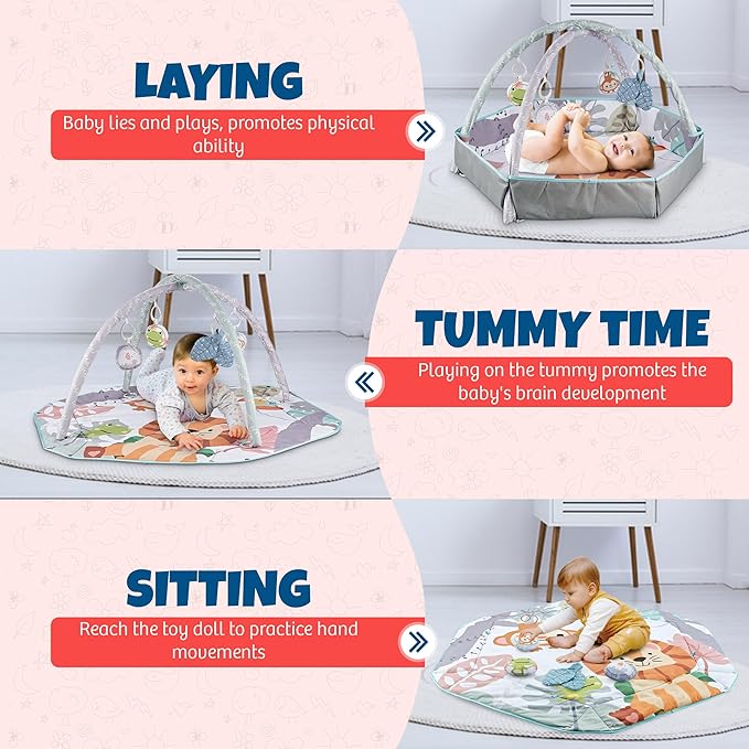 Henry & Colin Baby Activity Play Gym Mat with Hanging Toys, Soft Padded Mat, Sensory Development Play Area for Newborns and Infants, Convertible Play Center for Tummy Time and Fun Learning (Blue)