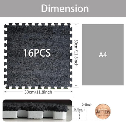 16pcs 0.6" Thickened Interlocking Tile Mats,Fluffy Shaggy Soft EVA Foam Area Rug for Living Room & Bedroom,Non-Slip Protective Floor Carpet Play Mat Kids Baby Dorm Home Decor (11.8ft, Black)