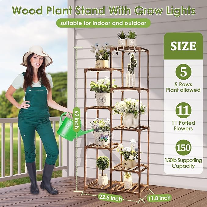 Plant Stand with Grow Lights Indoor, 9 Tiers Shape Plant Shelf with Light Full Spectrum Led Grow Light, Timer Function and Brightness Adjustment, Wood Plant Stand Indoor for Corner Living Room