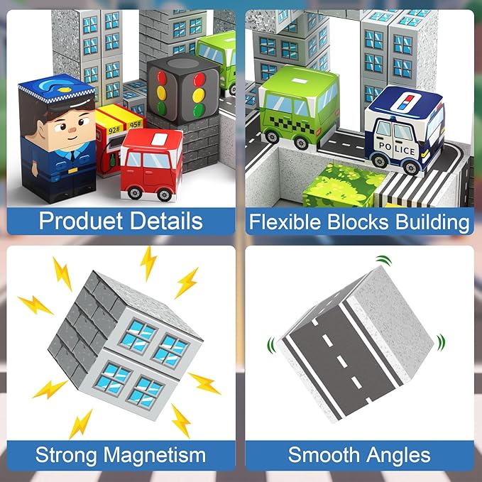 City Traffic Magnetic Blocks Set,Child-Safe STEM Toys with Fully Encased Magnets Non-Toxic & Choking-Proof Travel Learning Gift for Ages 3-8 Car/Airplane Toddler Toy Birthday (49 PCS)