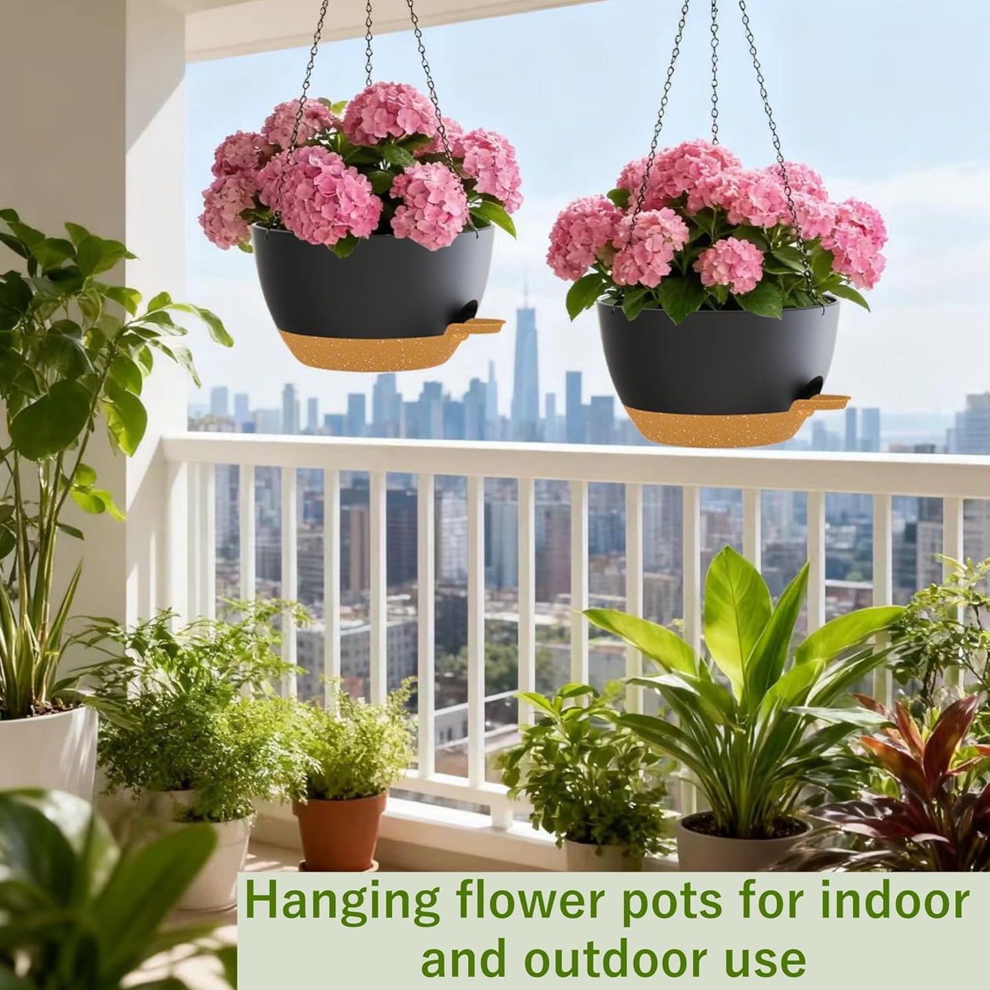 2 Pack Hanging Planters for Indoor Outdoor Plants, 12 Inch Self Watering Hanging Pot with Drainage Holes and Saucer, Plastic Plant Pots, Black Brown Flower Pots for Kitchen, Balcony, Garden