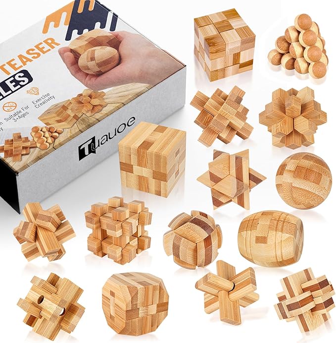 Wooden Brain Teaser Puzzles, 15pcs 3D Brain Teasers for Adults Teens Kids, Logic Mind Puzzle Box Lock Toy Removing Assembling 3D Small Puzzle Gift Set, Small 3D Unique IQ Hand Puzzles