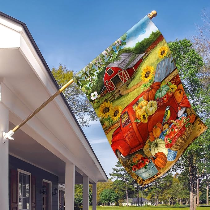 Morigins Autumn Harvest Farm Truck Fall Pumpkin Garden Decorations Double Sided Farmhouse Outdoor House Flag 28 x 40 Inch