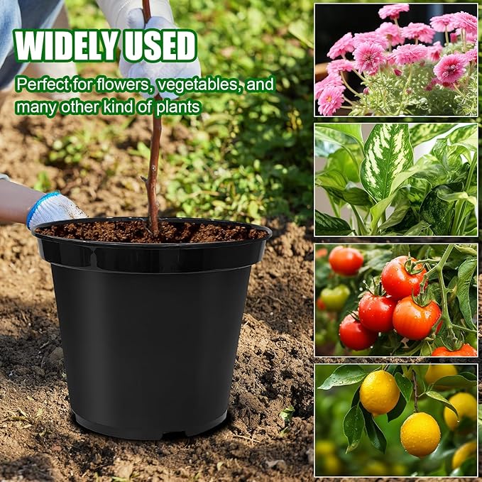 3 Gallon Nursery Pots, 10 Inch Thickened Plant Pots with Drainage Holes, Plastic Round Planter for Outdoor Indoor Plants (12-Pack, Black)