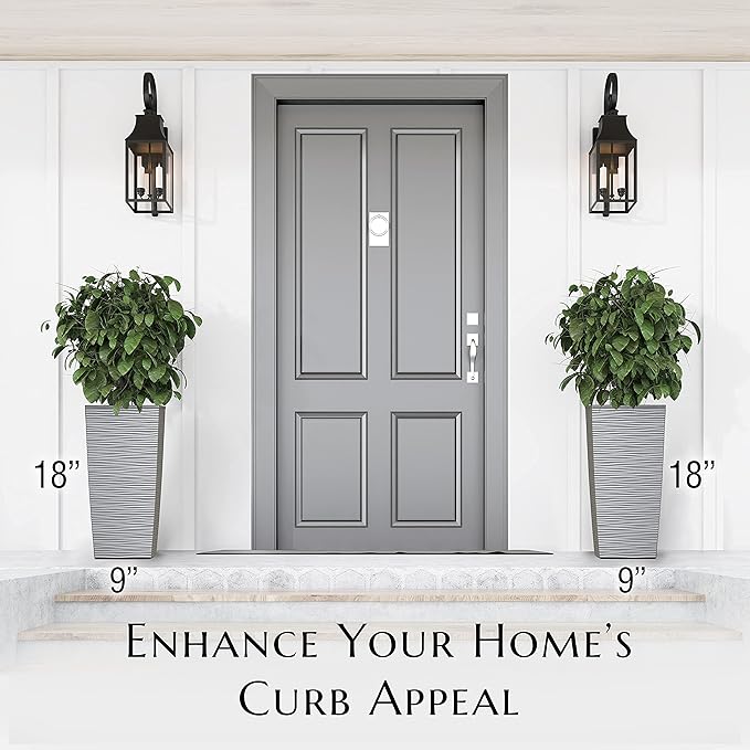 Mueller M-Resin Heavy Duty Tall Planter, Indoor/Outdoor Grande Plant, Tree, Flower Pot, 2-Piece Set, 18”, Modern Design, Built-in Drainage, Light Grey