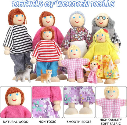 Skylety 10 Pcs Wooden Dollhouse Set of Mini People Figures Dollhouse Dolls Wooden Doll Play Figures Accessories(Classic Style)