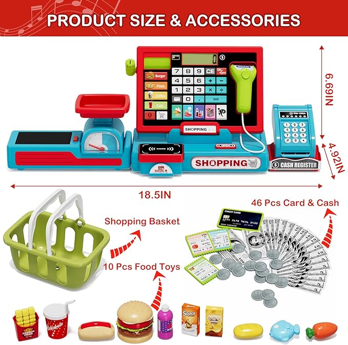 63PCS Cash Register for Kids, Kids Cash Register with Real Calculator, Pretend Play Store with Music/Motorized Conveyor/Play Money/Food Toys, Learning Toys for Boys Girls 3+, Red