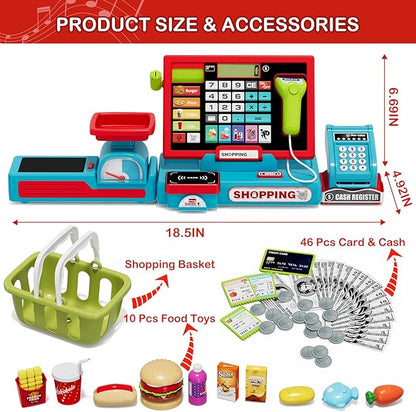 63PCS Cash Register for Kids, Kids Cash Register with Real Calculator, Pretend Play Store with Music/Motorized Conveyor/Play Money/Food Toys, Learning Toys for Boys Girls 3+, Red