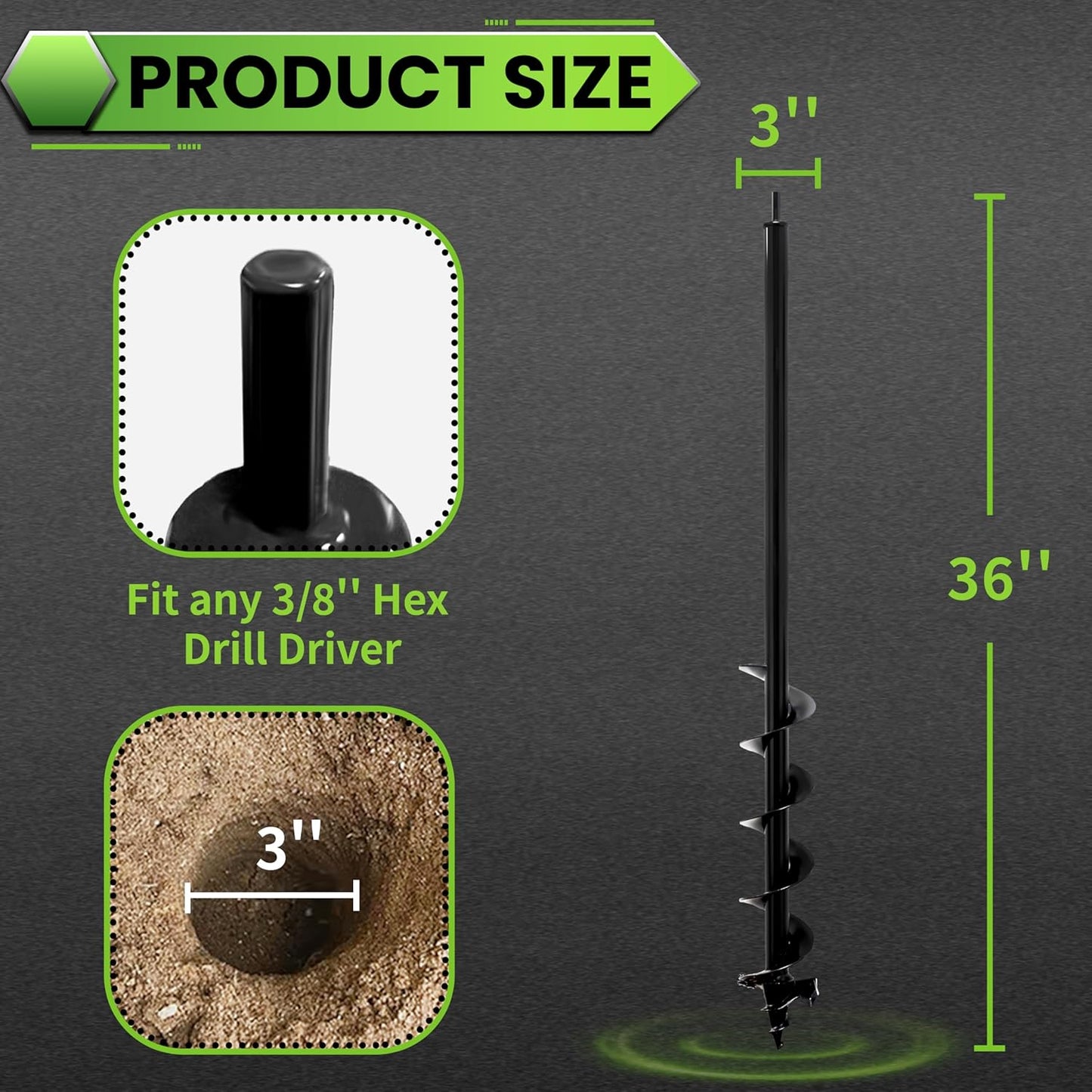 SYITCUN Auger Drill Bit for Planting - 3"X36" Heavy-Duty Garden Auger Spiral Drill Bit - Bulb Planter Tool & Auger Post Hole Digger - 3/8" Hex Drive Drill