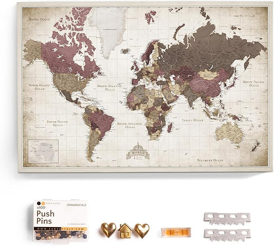 Canvas World Map with Cork Pin Board - English Lettering - Decorative Wall Decoration for All Rooms - Canvas Pictures with World Map Motif (90x60 cm, Pattern 23)