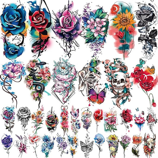 77 Sheets Flowers Temporary Tattoo, 17 Sheets Half Arm Rose Butterfly Snake Skull Fake Tattoos for Adults Arm Neck, 60 Sheets Tiny Realistic Temporary Tattoos Waterproof for Women Girls and Kids