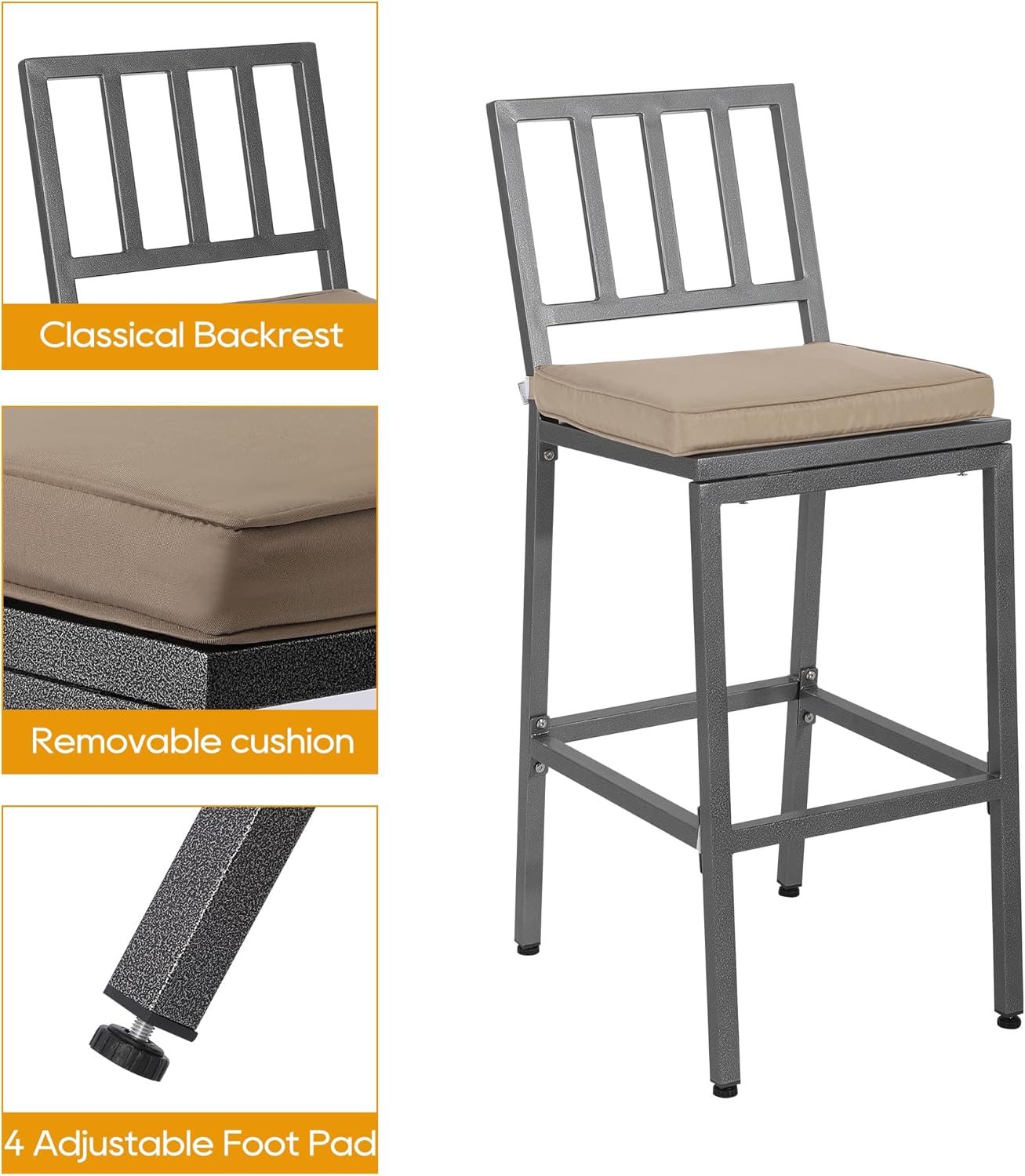 Outdoor Patio Bar Set, Bar Height Patio Dining Set, Weather-Resistant Bistro Counter Pub Set with Cushions & Slatted Tabletop for Backyard (Gray, 63" Table, 6 "I Style Stool)