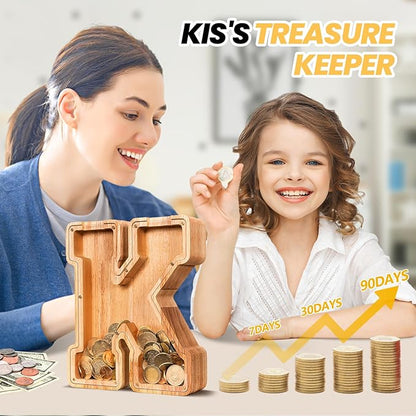 KMC Wooden Letter Piggy Bank, Personalized Initial Piggy Bank for Kids Boys, Clear Alphabet K Wood Money Box, Unbreakable Coin Saving Jar, Birthday, for Children