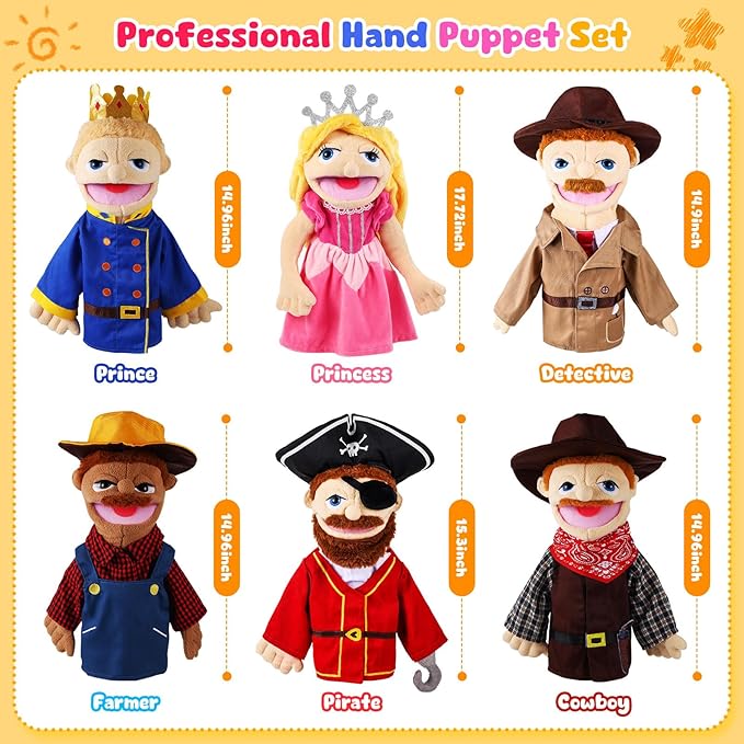 6 Pcs Role Play Hand Puppets Profession Worker Entrepreneur Plush Toys Role-Play Toy Puppets for Kids Storytelling Imaginative Pretend Play Teaching Preschool(Adventurers)