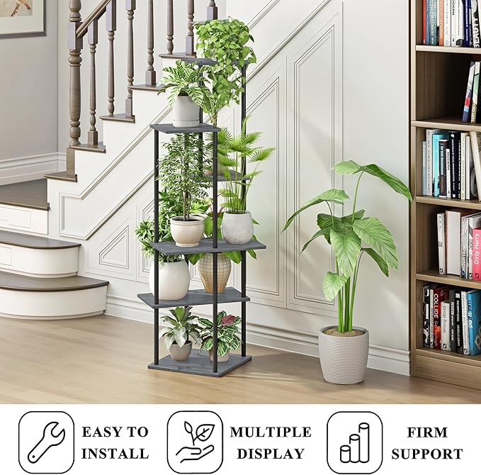 Plant Stand Indoor 6-Tier Metal Wood Plant Shelf for Multiple Flower Pots Corner Tall Flower Holders for Living Room Balcony Bedroom, Oak Grey