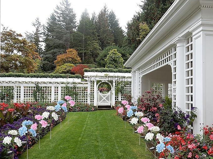 RAYLIDA Solar Lights Outdoor Decorative - 3 Pack Hydrangea Solar Garden Stake Lights, Multicolor, 10"L x 10"W x 27.5"H