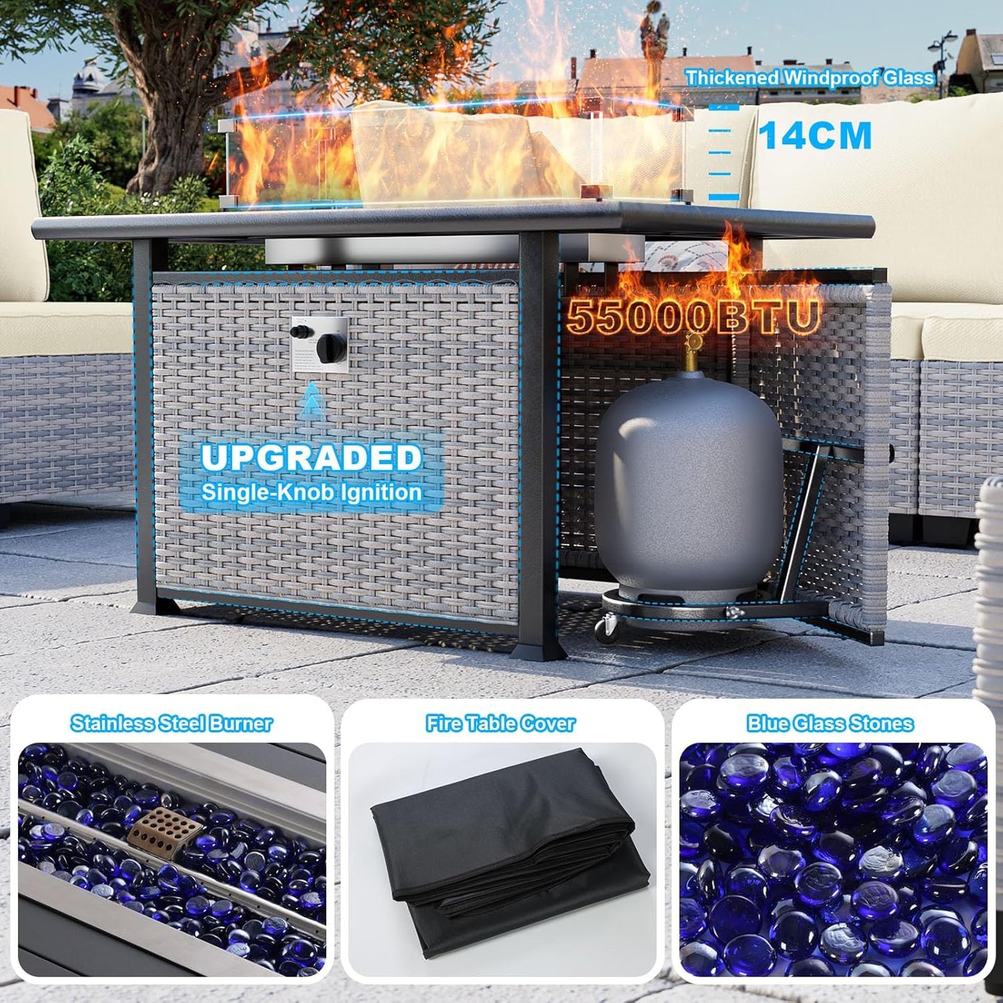 8-Piece Patio Furniture Set, Outdoor Patio Furniture with 55,000 BTU Fire Pit Table, Thick Cushions, Modular Patio Sofa, Dual-Strand Wicker Rattan, Rust-Resistant Frame, Ivory