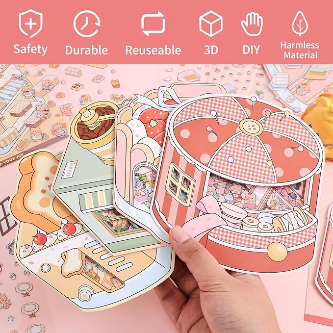Girls 3D Miniature Scene Stickers, 4 Sets Mini Shop DIY House Stickers for Clothing Store, Coffee Shop, Bakery, Dessert Shop, Cute 3D Cartoon Sticker Scenes for Adult Kids Relief Stress Pass The Time