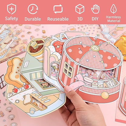 Girls 3D Miniature Scene Stickers, 4 Sets Mini Shop DIY House Stickers for Clothing Store, Coffee Shop, Bakery, Dessert Shop, Cute 3D Cartoon Sticker Scenes for Adult Kids Relief Stress Pass The Time