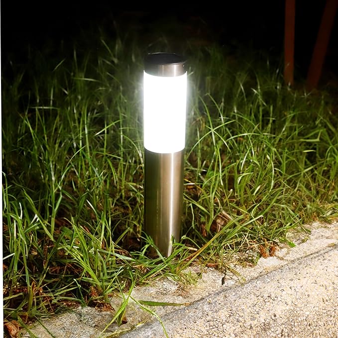 TECHKO Stainless Steel Outdoor Solar Bollard Path Lights (2-Pack), Solar Cylinder Pathway Lights (Stainless Steel)