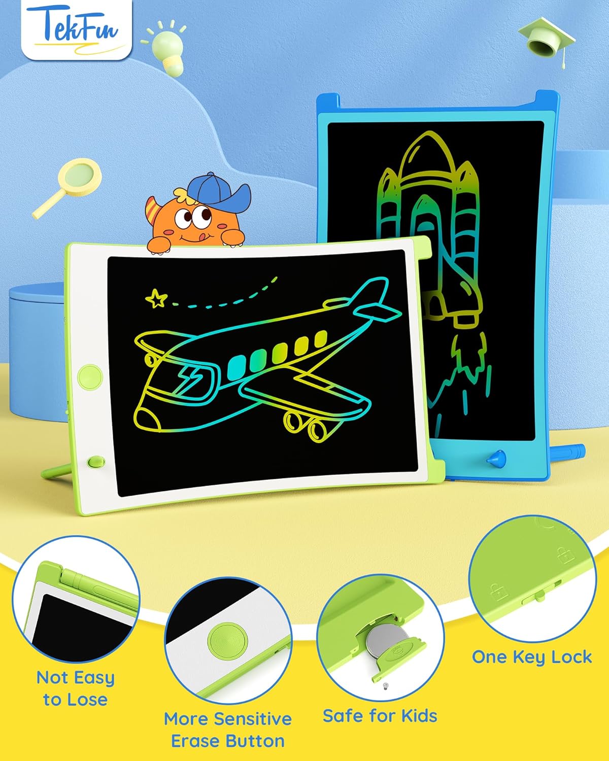 TEKFUN 2 Pack LCD Writing Tablet with Pen Cord, 8.5in Erasable Doodle Board Mess Free Drawing Pad for Kids, Car Trip Educational Toys Birthday for 3 4 5 6 7 Girls Boys (Blue*Green)