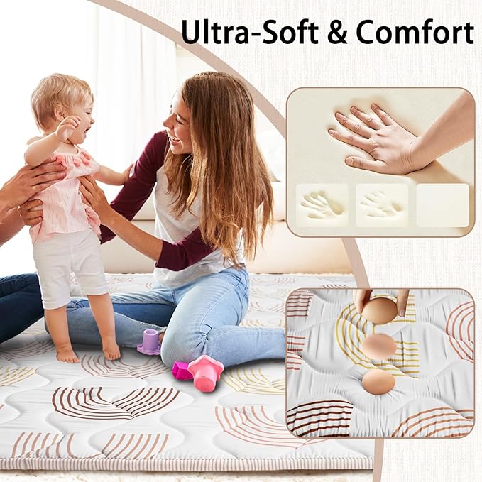 Baby Play Mat, 50x50 Playpen Mat, Thick Soft Foam Playmats for Baby, Foldable and Washable Crawling Mat for Floor (Rice Rainbow)