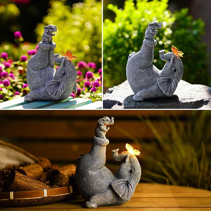 Mommy & Baby Elephant Garden Statue with Solar Butterfly Lights - Perfect Elephant Decor & Ornament for Women, Housewarming Gifts and as Garden Decorations