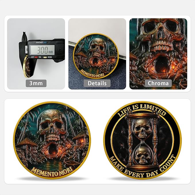 AtSKnSK Memento Mori Coin Momento Mori Coin Skull Coin Stoic Gifts Memento Mori Calendar Living Memento Mori Amor Fati Coin (Skull Island)