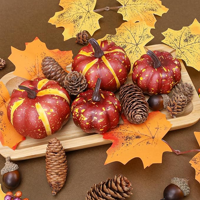 30 Pcs Artificial Pumpkins Set Fall Decorations with Maple Leaves Pine Cones Acorns Berries Assorted Fake Pumpkin for Thanksgiving Halloween Autumn Harvest Home Table Decor