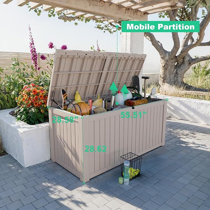 180 Gallon Resin Deck Box, Lockable Patio Outdoor Storage Box for Furniture, Garden Tools and Tools Storage, Waterproof Outside Storage Boxes - Grey