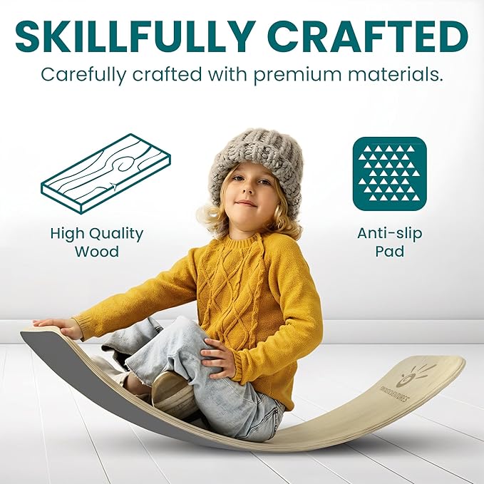 Kids Balance Board- Wobble Stability, Balancing Board For Kids, Kids Wooden Toys - Made of Beech Plywood - 32.28"L x 11.81"W x 0.59"H - Up to 500 Lbs Capacity