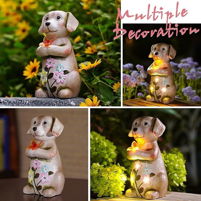 Solar Dog holiding Solar Butterfly Lights - Resin Garden Outdoor Decorations for Patio,Balcony,Yard,Birthday Garden Gifts for Women Mom