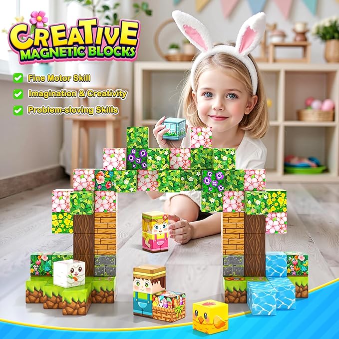 108PCS Magnetic Blocks Kids Magnet Toys, Mine Magnet World Bunny Garden Wonderland Building Crafts, Sensory Learning Toys Game Gifts for Kids Ages 3-5 4-6 5-7 8-12 Year Old Boys Girls