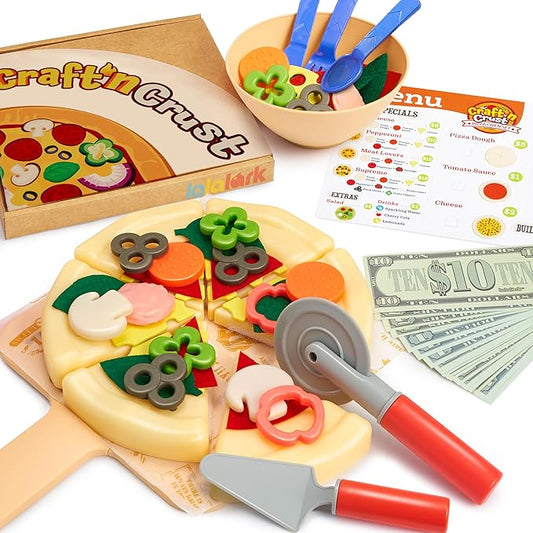 Play Food Toddler Toy - Pizza Toy with 18 Toppings - Pretend Cutting Food for Kids - Craft 'n Crust - Interactive Check Out - Play Money - Cooking Kitchen Accessories for Boys and Girls