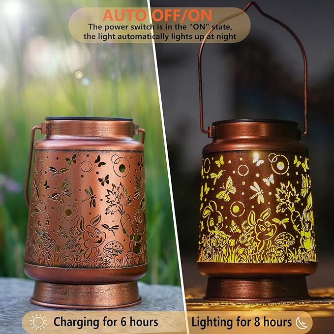 Solar Rabbit Lanterns Outdoor Hanging Decor Lantern,Waterproof Hollow Out Metal Dragonfly Decorative Garden Light,Graceful Decoration for Patio,Yard,Landscape,Walkway,Festival