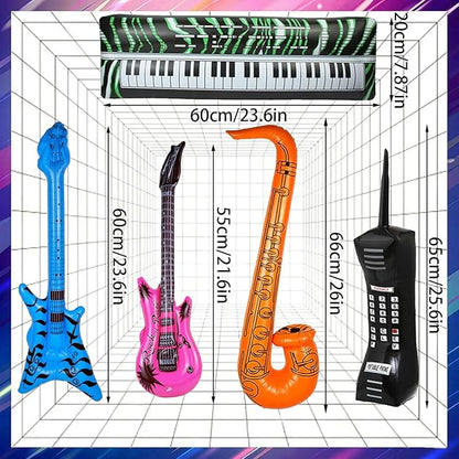 10pcs Inflatable Instruments Party Props Rock Star Toy Set Inflatable Saxophone Bass Rock Microphone Rock Electric Guitar Recorder Suitable for Various Music Parties(Retro Style)